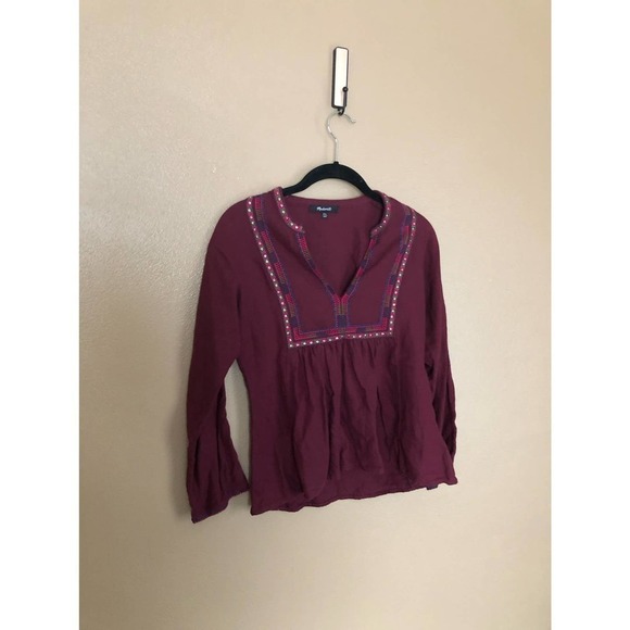 Madewell Deep Red VNeck Embroidered Blouse Size XXS - Picture 1 of 6